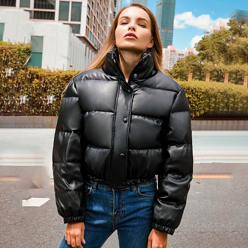 Faux leather cropped store puffer jacket