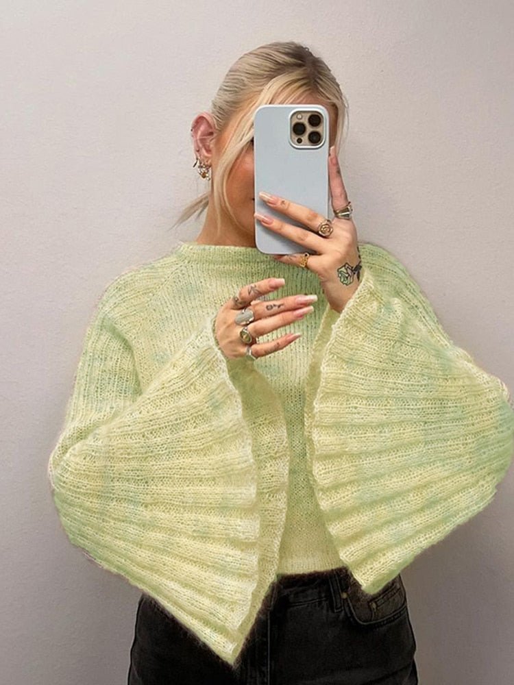 Green Knitted Sweater with Baggy Sleeve Vanity Island Magazine