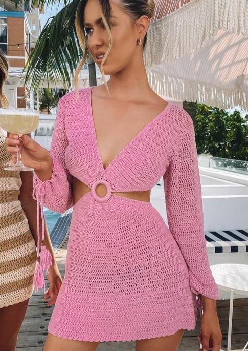 Long sleeve Crochet Dress in Pink – Vanity Island Magazine