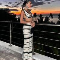 Black and White Stripe Knitted Two Piece Set Beachwear