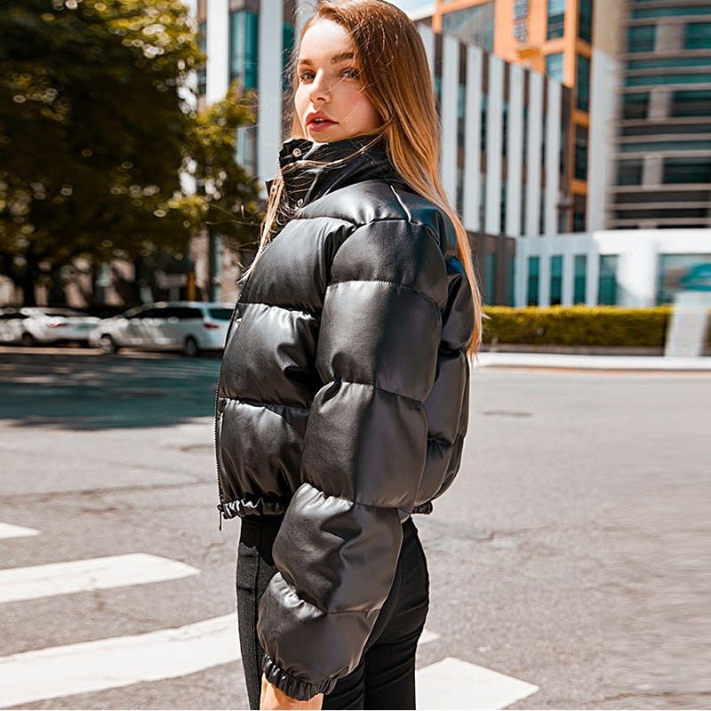 Black faux store leather puffer