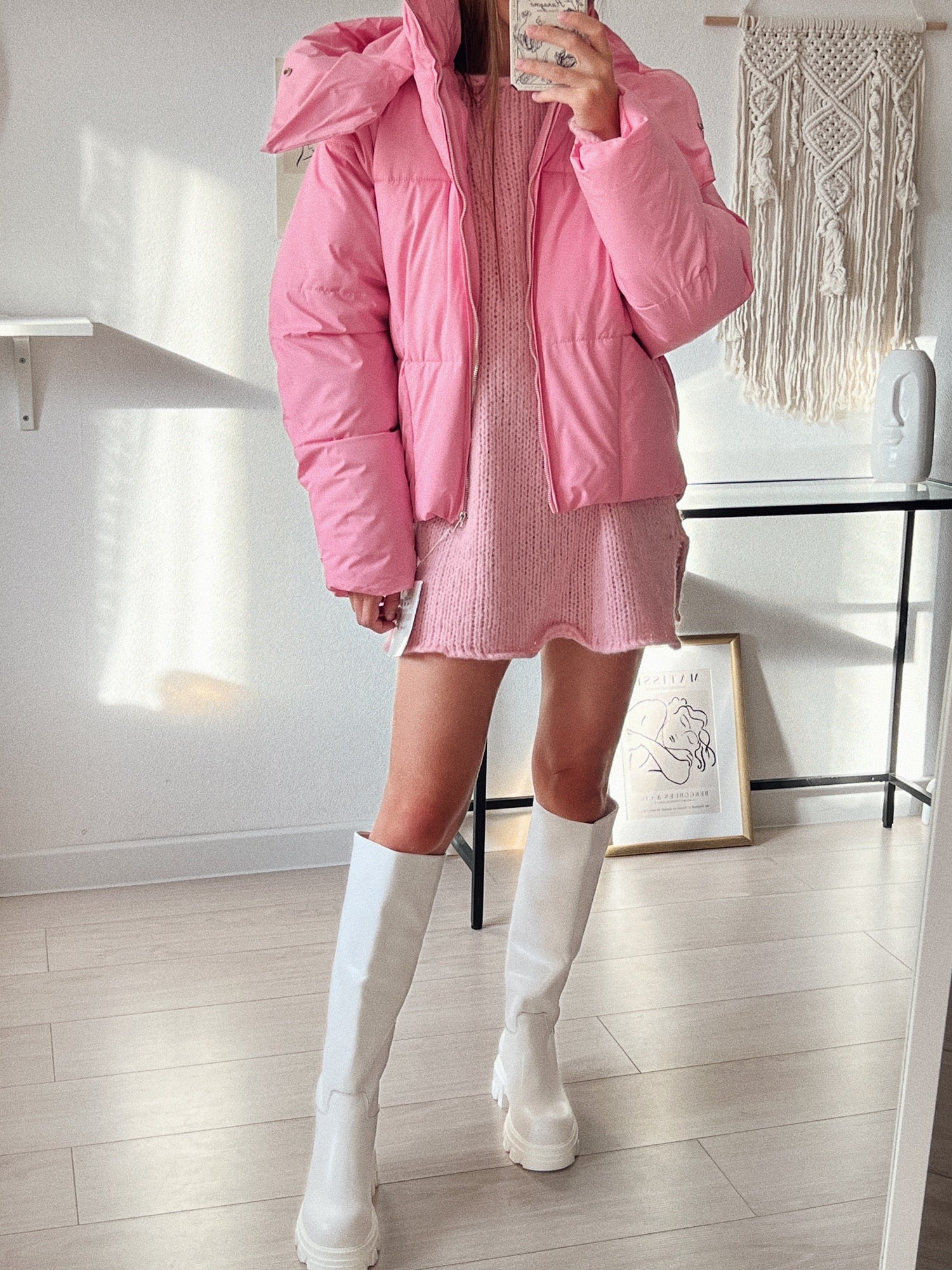 Pink puffer jacket store with hood