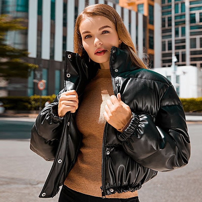 Shiny leather 2025 puffer jacket